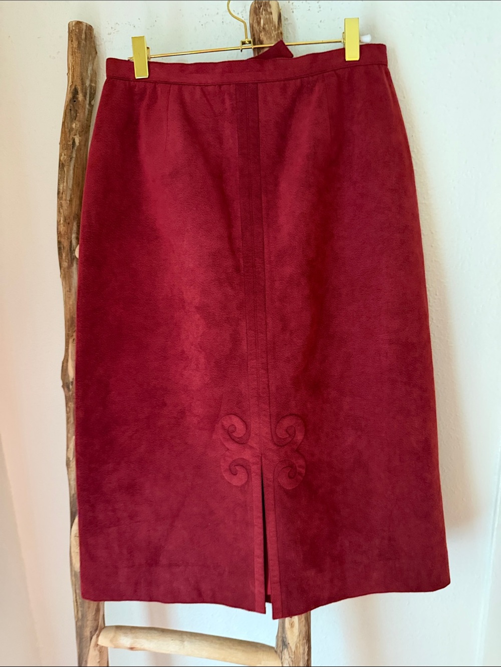 Vintage Faux Ultra Suede Wine Red Suede Pencil Skirt Decorative Front Detail M